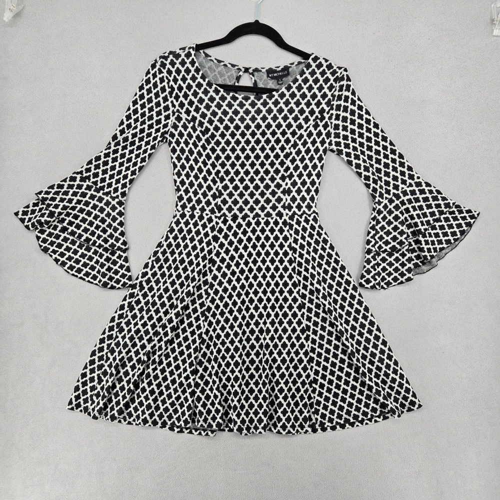 My Michelle SMALL Fit Flare Tiered Bell Sleeve Dress Womens Mod Retro Geometric